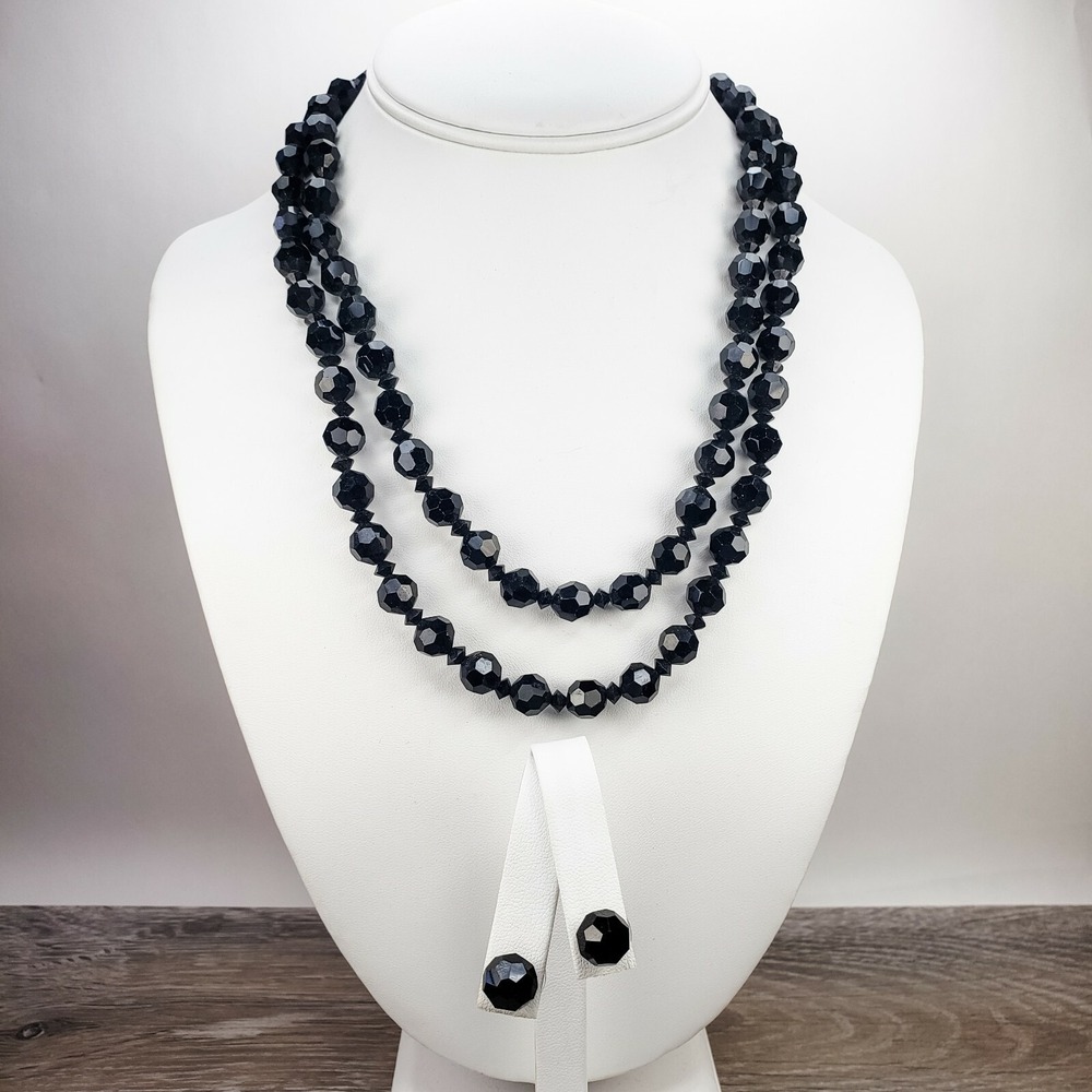 Vintage Black Faceted Glass Bead Double Strand Necklace and Stud Earring Set